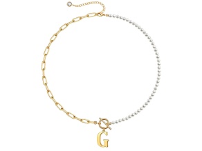 14K Gold Over Brass Initial Pearl Simulant Link Chain Necklace Letter G