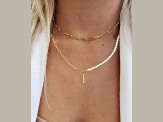 14K Gold Over Brass Initial Pearl Simulant Link Chain Necklace Letter I