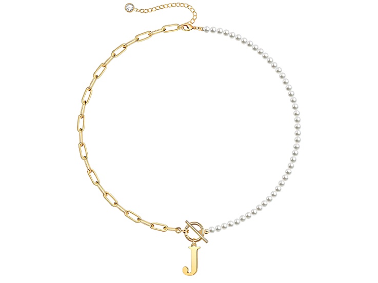 14K Gold Over Brass Initial Pearl Simulant Link Chain Necklace Letter J