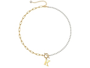 14K Gold Over Brass Initial Pearl Simulant Link Chain Necklace Letter K