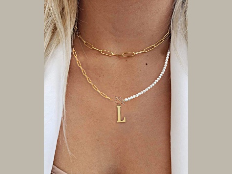 14K Gold Over Brass Initial Pearl Simulant Link Chain Necklace Letter L