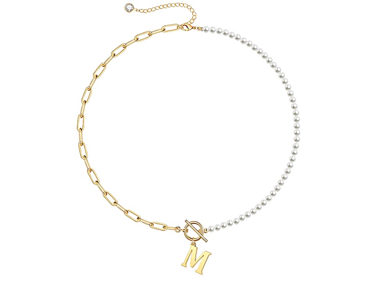14K Gold Over Brass Initial Pearl Simulant Link Chain Necklace Letter M