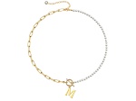 14K Gold Over Brass Initial Pearl Simulant Link Chain Necklace Letter M