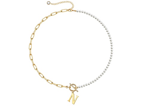 14K Gold Over Brass Initial Pearl Simulant Link Chain Necklace Letter N