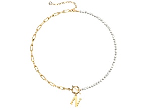 14K Gold Over Brass Initial Pearl Simulant Link Chain Necklace Letter N