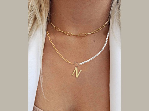 14K Gold Over Brass Initial Pearl Simulant Link Chain Necklace Letter N