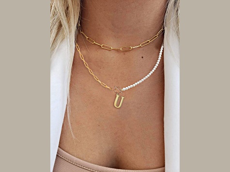 14K Gold Over Brass Initial Pearl Simulant Link Chain Necklace Letter U