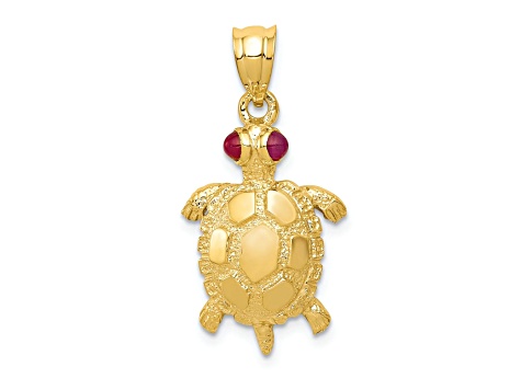 14K Yellow Gold Turtle with Ruby Eyes Pendant