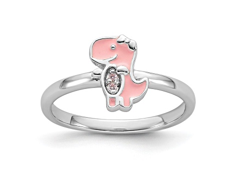 Rhodium Over Sterling Silver Pink Enamel and Cubic Zirconia Dinosaur Children's Ring