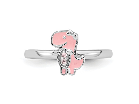 Rhodium Over Sterling Silver Pink Enamel and Cubic Zirconia Dinosaur Children's Ring