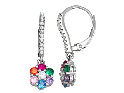 Multi-gem Simulants Rhodium Over Sterling Silver Children's Flower Earrings 1.64ctw