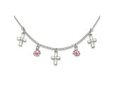 Sterling Silver Polished Enamel Cubic Zirconia Cross and Angels Children's Necklace