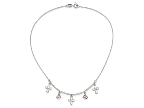 Sterling Silver Polished Enamel Cubic Zirconia Cross and Angels Children's Necklace