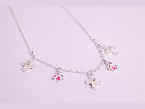 Sterling Silver Polished Enamel Cubic Zirconia Cross and Angels Children's Necklace