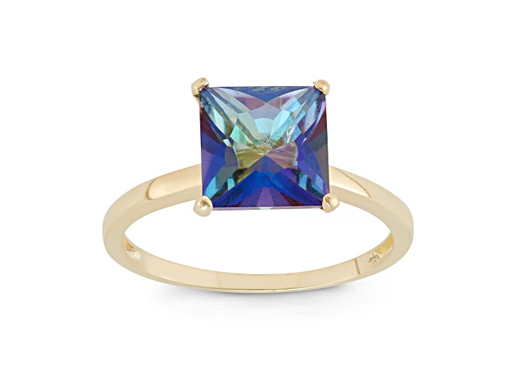 Princess Cut Mystic Blue Topaz 10K Yellow Gold Ring 2.60ctw