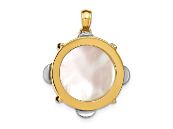 Picture of 14k Yellow Gold and 14k White Gold Textured 3D Moveable Tambourine with Mother of Pearl Charm