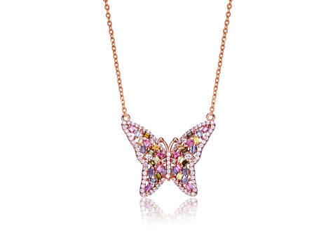 Multi Color Cubic Zirconia, 18k Rose Gold Plated over Sterling Silver Butterfly Necklace