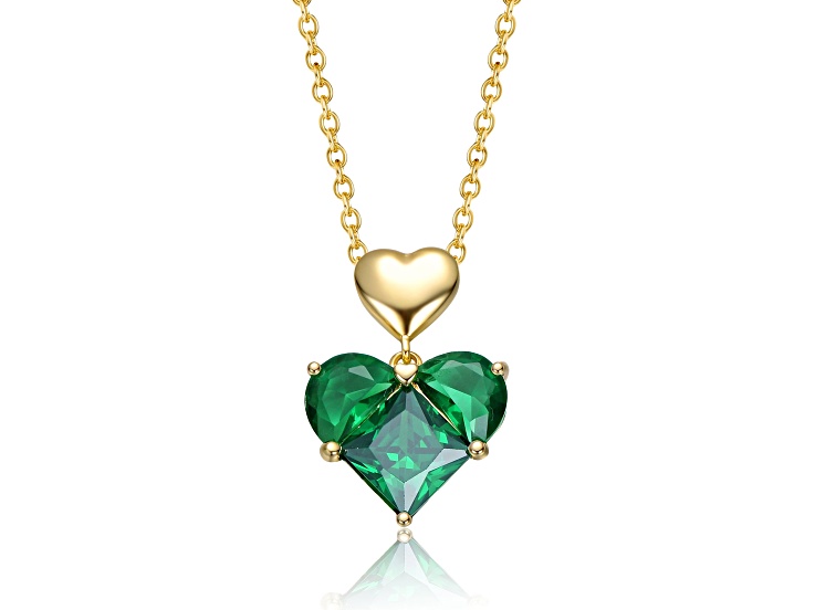 Green Cubic Zirconia, 14K Gold Plated over Sterling Silver Double Heart Pendant Necklace