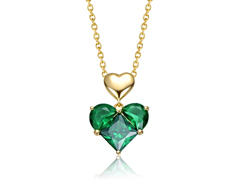 Green Cubic Zirconia, 14K Gold Plated over Sterling Silver Double Heart Pendant Necklace
