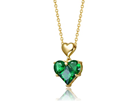 Green Cubic Zirconia, 14K Gold Plated over Sterling Silver Double Heart Pendant Necklace