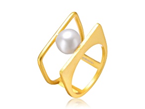 White Genuine Freshwater Pearl, 14K Yellow Gold Plated over Sterling Silver Double Band Stacked Ring
