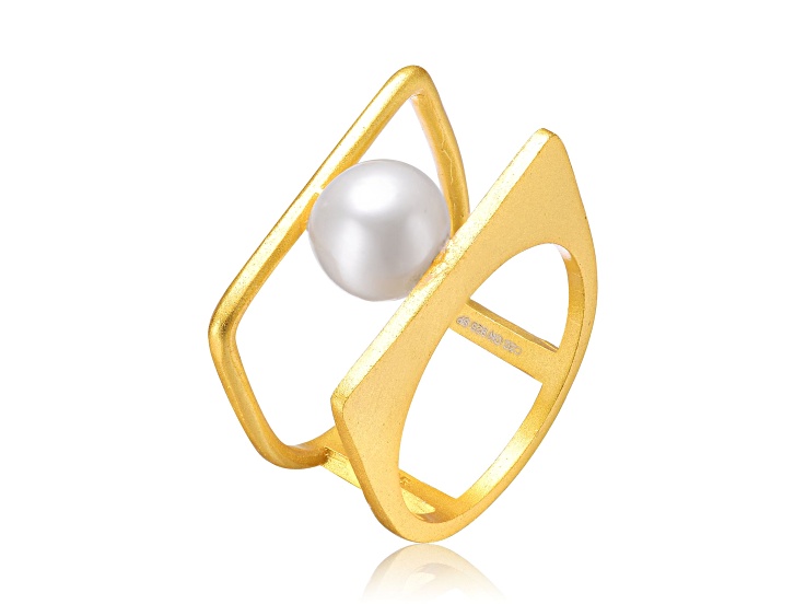 White Genuine Freshwater Pearl, 14K Yellow Gold Plated over Sterling Silver Double Band Stacked Ring