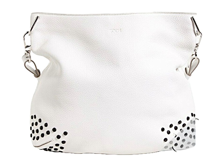Tods Gommini Textured White Leather Studded Hobo Handbag