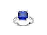 Asscher Cut Lab Created Blue Sapphire, Round White Topaz Accents Rhodium Over Sterling Silver Ring
