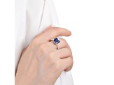 Asscher Cut Lab Created Blue Sapphire, Round White Topaz Accents Rhodium Over Sterling Silver Ring
