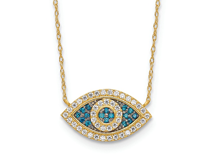 10k Yellow Gold Polished Cable Chain Cubic Zirconia Evil Eye 16 Inch Necklace