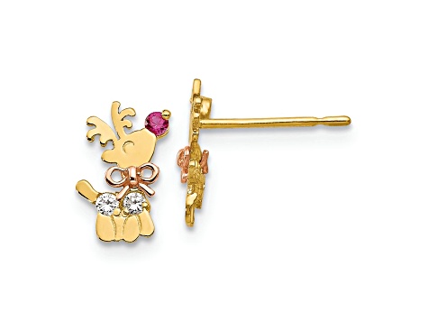 14K Yellow and Rose Gold Cubic Zirconia Children's Reindeer Post Earrings