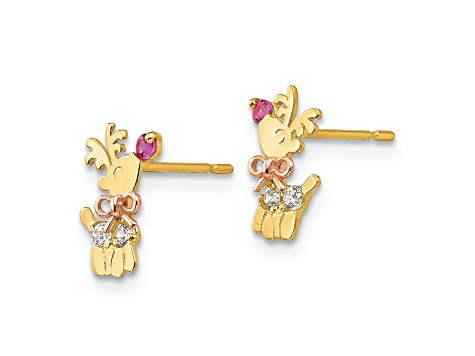 14K Yellow and Rose Gold Cubic Zirconia Children's Reindeer Post Earrings
