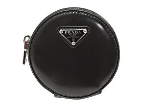 Prada Triangle Plaque Smooth Black Leather Round Mini Pouch Keychain