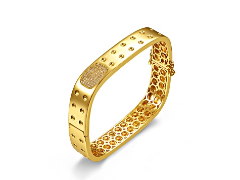 Clear Cubic Zirconia, 14k Gold Plated over Brass Textured Geometric Square Bangle Bracelet