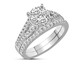 14K White Gold Diamond Composite Bridal Ring Set, 1ctw. I Color, I1 Clarity- IGI Certified.