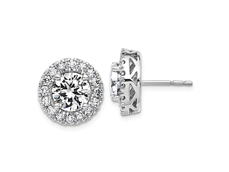 Rhodium Over 14K White Gold Round Halo G H I True Light Moissanite Earrings