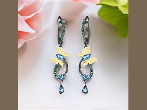 London Blue Topaz and Green Nanocrystal Black Rhodium Over Sterling Silver Butterfly Earrings