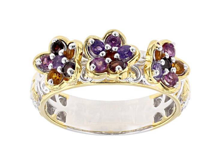 Multi Gemstone Rhodium And 24K Gold Over Palladium Sterling Silver Ring 0.63ctw