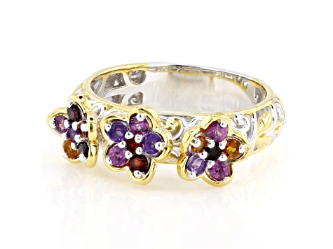 Multi Gemstone Rhodium And 24K Gold Over Palladium Sterling Silver Ring 0.63ctw