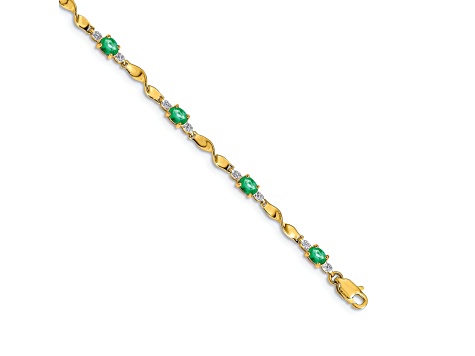 14k Yellow Gold and Rhodium Over 14k Yellow Gold Diamond and Oval Emerald Bracelet