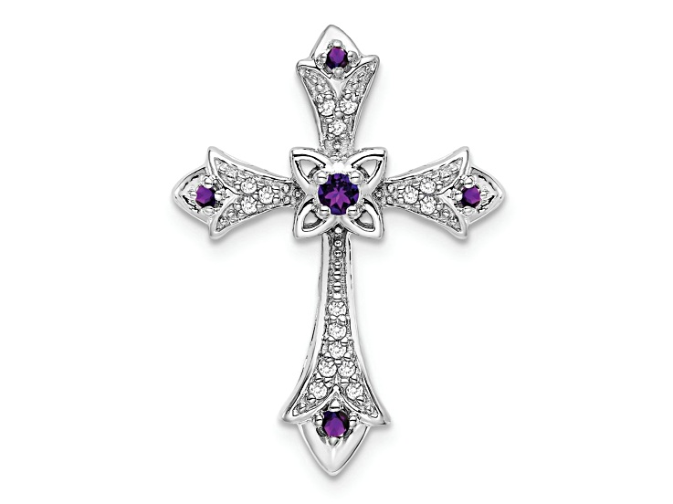 Rhodium Over 10k White Gold 0.09 ctw Amethyst and Diamond Fleur-de-Lis Cross Slide Pendant