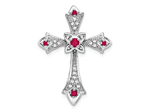 Rhodium Over 10k White Gold 0.09 cttw Ruby and Diamond Fleur-de-Lis Cross Slide Pendant