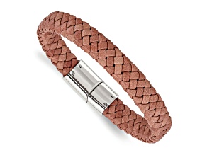 Brown Woven Leather and Stainless Steel Polished 8.25-inch Bracelet