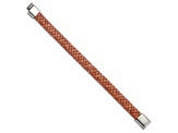 Brown Woven Leather and Stainless Steel Polished 8.25-inch Bracelet