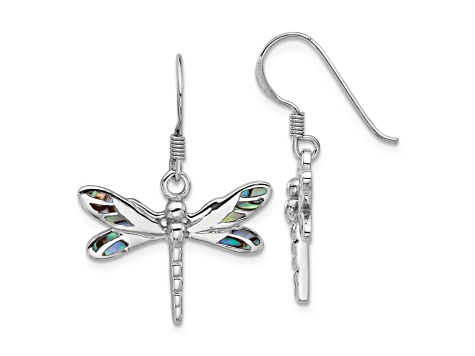 Rhodium Over Sterling Silver Polished Abalone Dragonfly Earrings