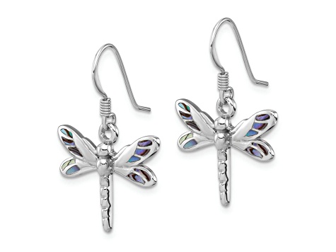 Rhodium Over Sterling Silver Polished Abalone Dragonfly Earrings
