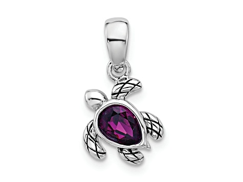 Rhodium Over Sterling Silver Antiqued Crystal Feb Birthstone Turtle Pendant