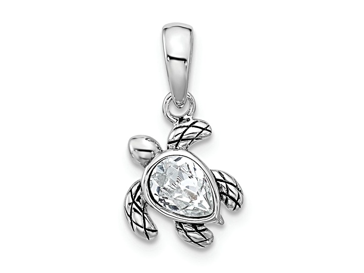 Rhodium Over Sterling Silver Antiqued Crystal Apr Birthstone Turtle Pendant