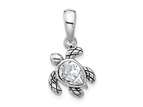 Rhodium Over Sterling Silver Antiqued Crystal Apr Birthstone Turtle Pendant