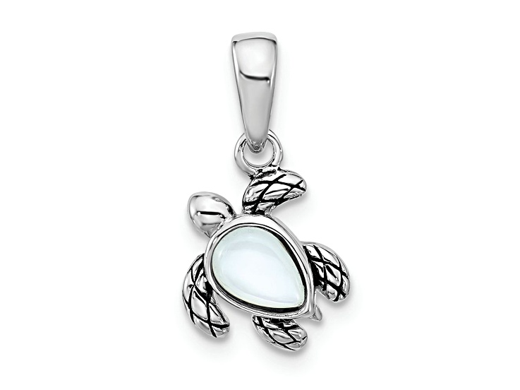 Rhodium Over Sterling Silver Antiqued MOP June Birthstone Turtle Pendant